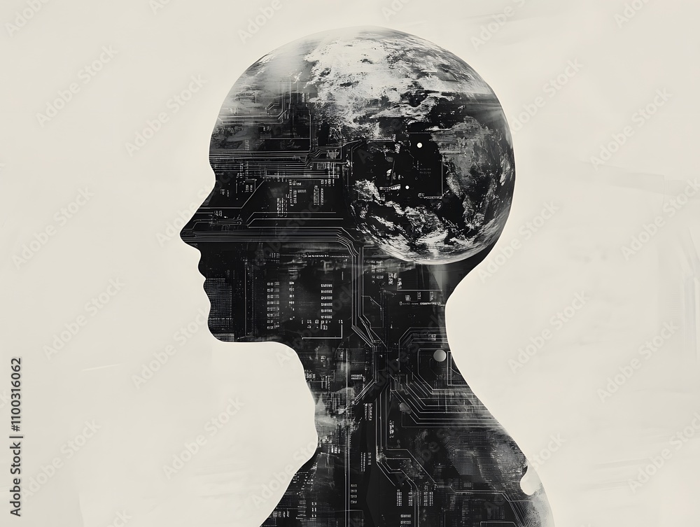 Aufkleber silhouette of a human head merging with a digital world, representing technology, artificial intelli