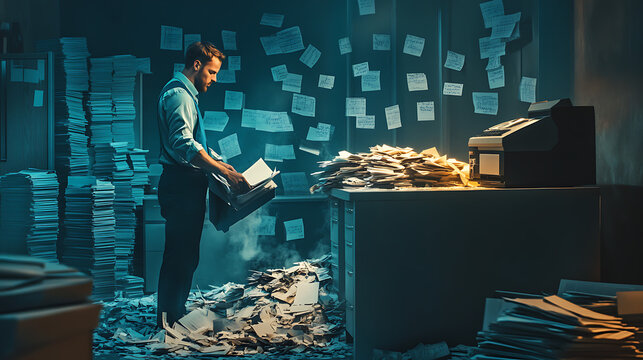 Person shredding documents in a dimly lit office, with &ldquo;Confidential&rdquo; files piling up1