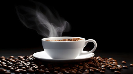 Obraz premium Roasted coffee in a ceramic cup Roasted coffee beans are scattered around the cup. The coffee beans are shiny, beautifully arranged in a natural way, adding a rustic touch and telling the origin of th