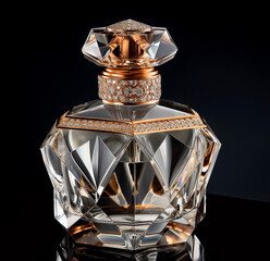 Faceted glass bottle of luxury perfume on a dark background