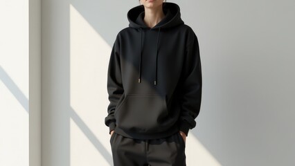 Obraz premium Mockup black blank hoodie worn by a model, with natural lighting enhancing its sleek design and fabric texture in a minimalist studio.