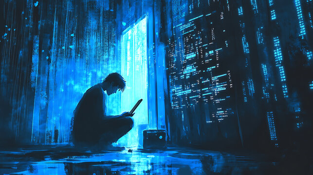  Hacker breaking into a confidential government database, intense blue light illuminating the room (2)