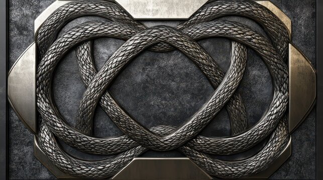 Contemporary 3D Woven Border with Metallic Snake Forms: Brushed Silver and Obsidian Frame Pattern with Clear Center and Textured Knot-Work Corners. Studio Quality Render.