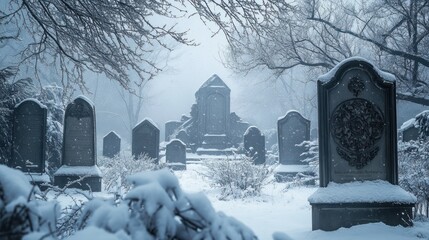 A serene, snowy graveyard with tombstones and a mausoleum in a misty atmosphere.