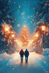 Fototapeta premium illustration of a beautiful snowy cityscape.Cartoon scene of a modern evening city