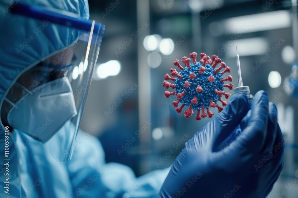 Poster a scientist in a lab coat is holding a syringe with a red and blue virus in it