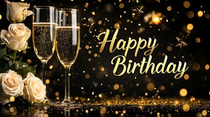 Elegant birthday celebration with champagne flutes and white roses bokeh lights and golden glitter create a festive atmosphere perfect for greetings