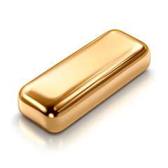 Shiny gold bullion bar displayed on a neutral background with reflections highlighting its smooth surface