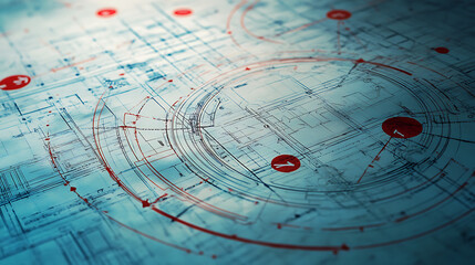  Confidential blueprints spread across a table with red circles and arrows (2)