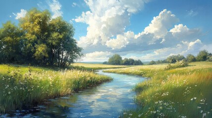 Obraz premium Serene Summer Stream Landscape With Lush Greenery
