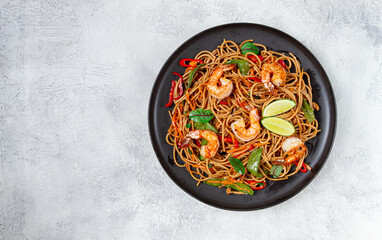 fried udon noodles with shrimp and vegetables, Asian cuisine, homemade, no people,