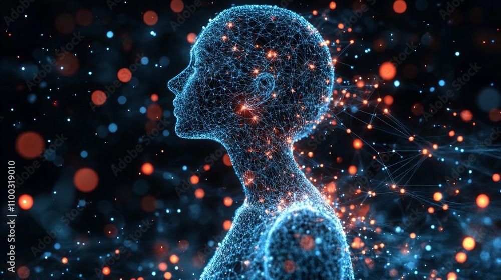 Poster human figure with glowing transparent layers on a dark background symbolizes data and connectivity