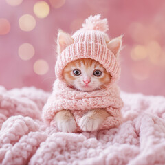 Fototapeta premium A tiny kitten in cozy winter clothes, exuding warmth and affection. This pastel design captures a lovable feline, perfect for Valentine's Day or as a charming fairy tale character.