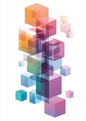 Obraz premium Colourful translucent cubes stacked dynamically on a white background, creating a modern, geometric abstract visual.