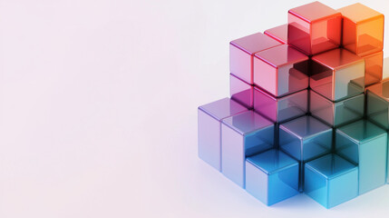 Fototapeta premium Translucent cubes in vibrant hues stacked on a light background, showcasing modern abstract geometry.