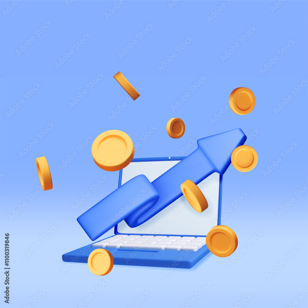 Aufkleber 3d growth stock coin chart and arrow on laptop computer. render stock arrow with money on monitor sh