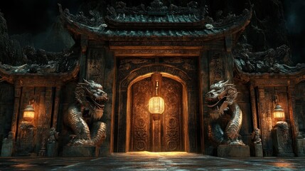 Fototapeta premium A grand, ancient entrance with dragon sculptures and lanterns, evoking mystery and history.