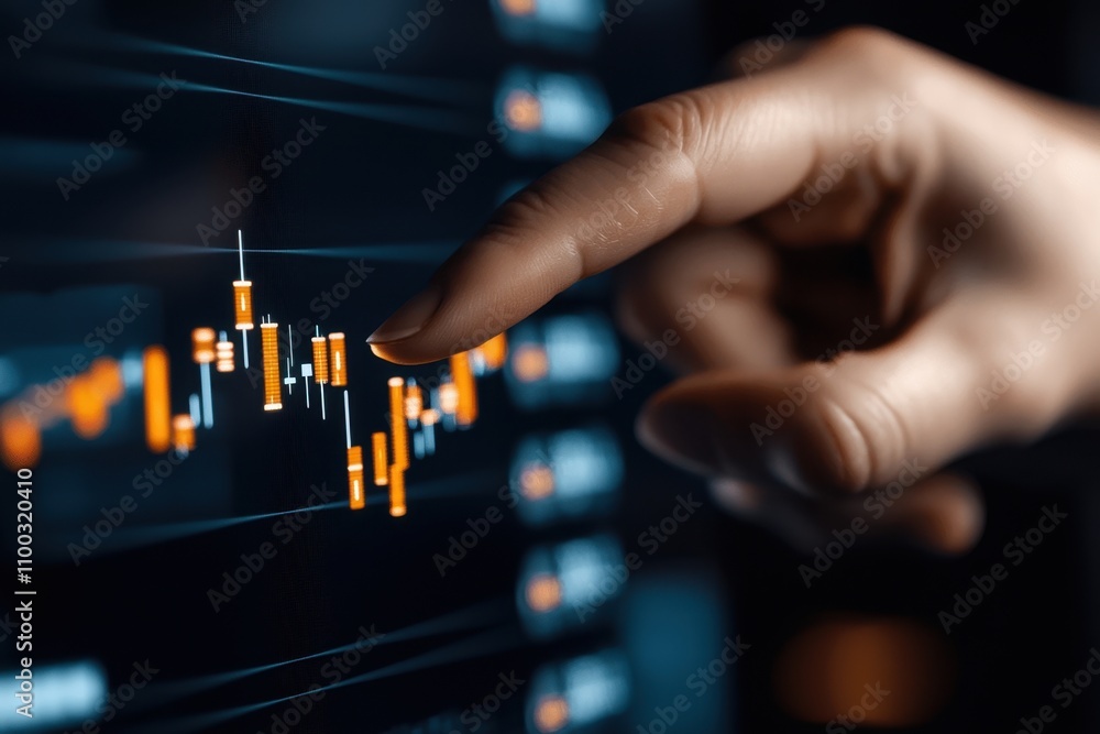 Poster a hand is pointing at a graph on a computer screen