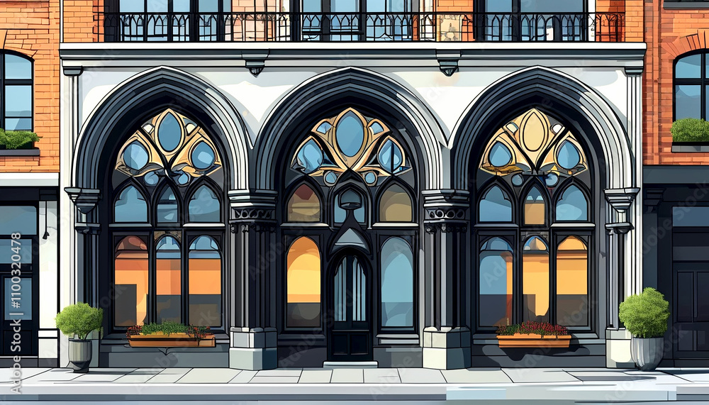Poster beautiful gothic architecture illuminated by sunset in an urban setting
