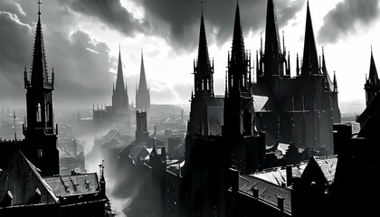 Naklejka premium Dark silhouettes of gothic spires against an ominous cloudy sky at dusk