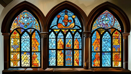 Vibrant stained glass windows adorn a chapel, casting colorful light across the interior