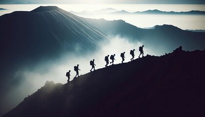 Fototapeta premium Explorers walking around the rim of a volcanic crater, silhouette, action photography, aesthetics,