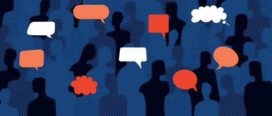 A crowd of faceless people, represented as silhouettes, with various speech bubbles above their heads. A symbol of communication, interaction, the power of the crowd, different opinions.