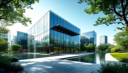 Fototapeta premium Modern architecture blends harmoniously with nature in a serene urban landscape