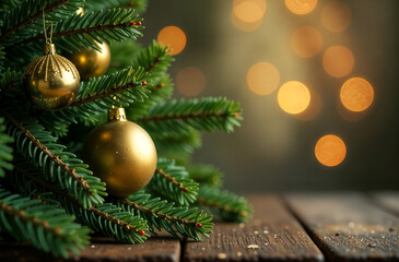 Branches of a Christmas tree with golden Christmas balls and a blurred background space for copying