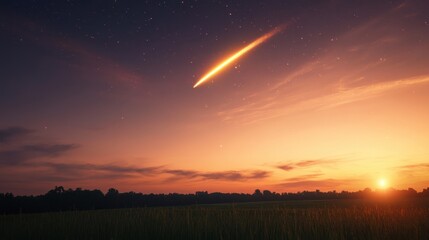 Obraz premium Meteor shower over tranquil field at dusk nature photography scenic landscape