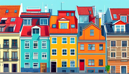 Vibrant row of colorful houses on a sunny day in a lively urban neighborhood