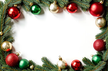 rectangular frame made of fir branches and Christmas toys and spaces