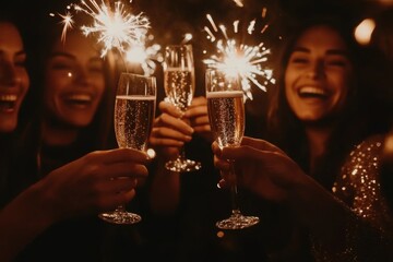 A group of friends toasting with sparklers and champagne glasses at an elegant party, celebrating New Year's Eve in style