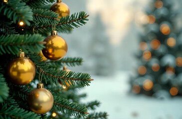 Branches of a Christmas tree with golden Christmas balls and a blurred background space for copying