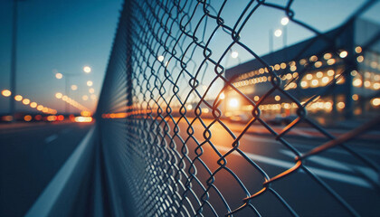 Simple chain-link fence at dusk in an industrial park, highlighting the security and utilitarian design of modern metal barriers with blurred lights in the background. Generative AI.