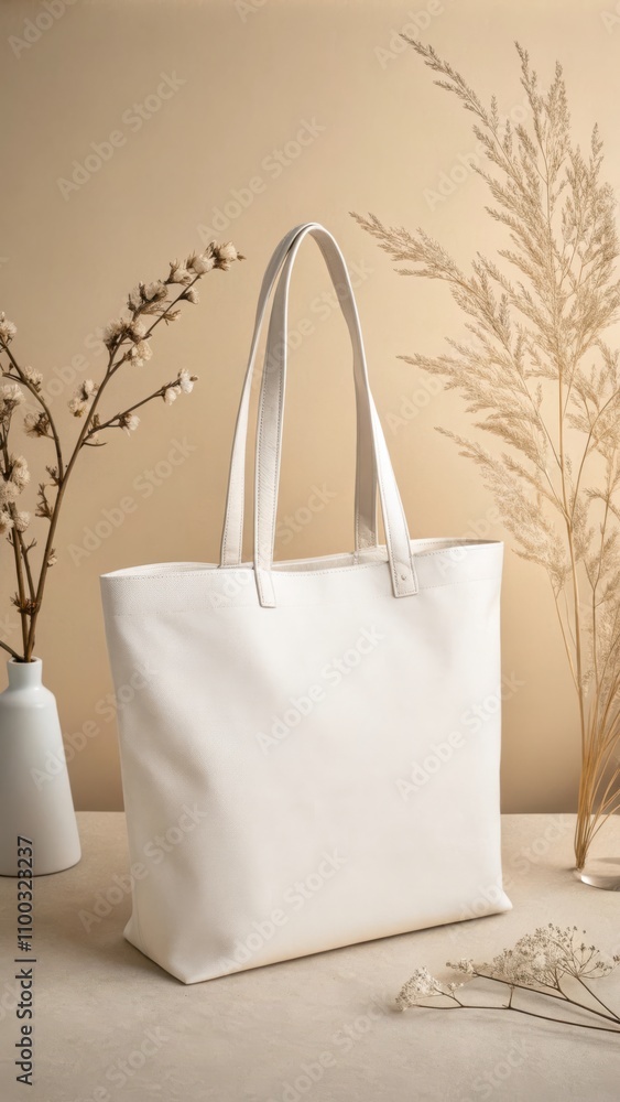 Poster minimalistic white standard bag displayed on a neutral background with decorative elements. generati