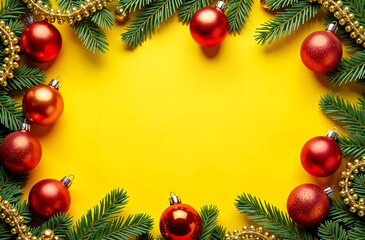 rectangular frame made of fir branches and Christmas toys and spaces