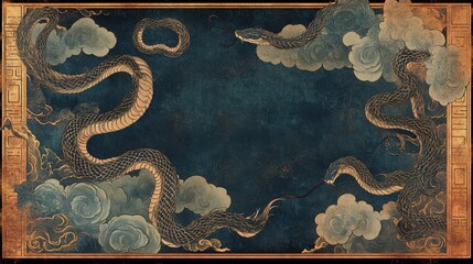 Japanese Woodblock-Inspired Border: Coiled Snakes Amid Cloud Patterns with Indigo and Copper Palette, Stylized Waves, Authentic Woodgrain Texture. Museum Quality.