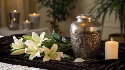 Silver cremation urn with lilies on a black cloth