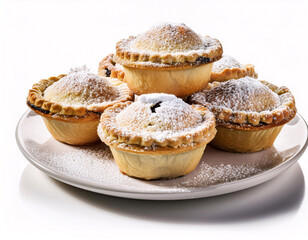 A stack of flaky, golden-brown mince pies dusted with powdered sugar, ready to be enjoyed