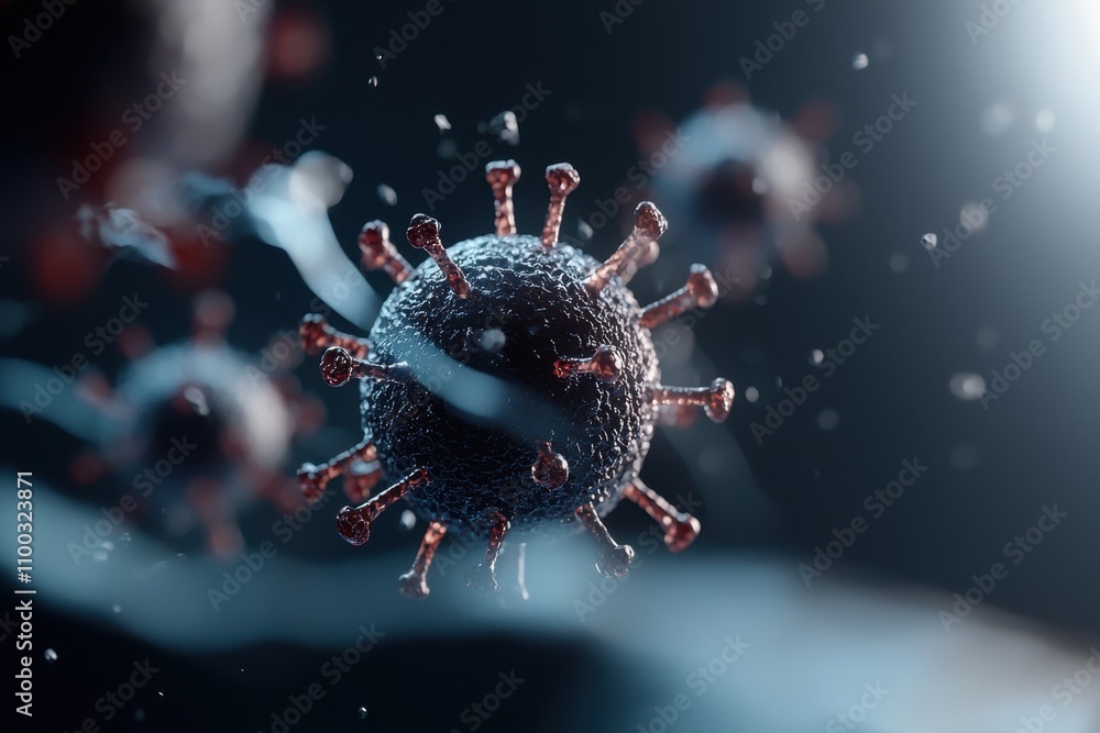 Poster a close up of a virus with a red and black color scheme