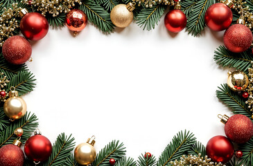 rectangular frame made of fir branches and Christmas toys and spaces