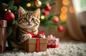 A cute fluffy kitten holds in its paws a gift box with a bow near the Christmas tree with toys and a space for copying