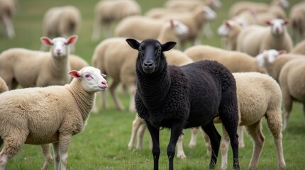 Fototapeta premium One black sheep between flock of white sheep