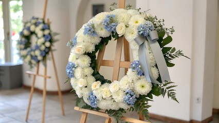 Blue and white funeral wreath on an easel in a hall
