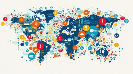 Fototapeta premium Global network connection map showing worldwide communication and data exchange.