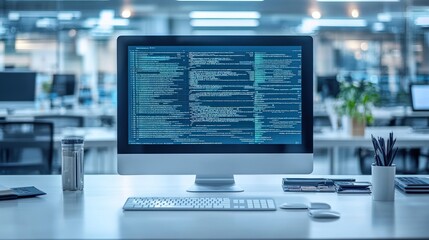 Naklejka premium Computer screen displaying code in modern office.