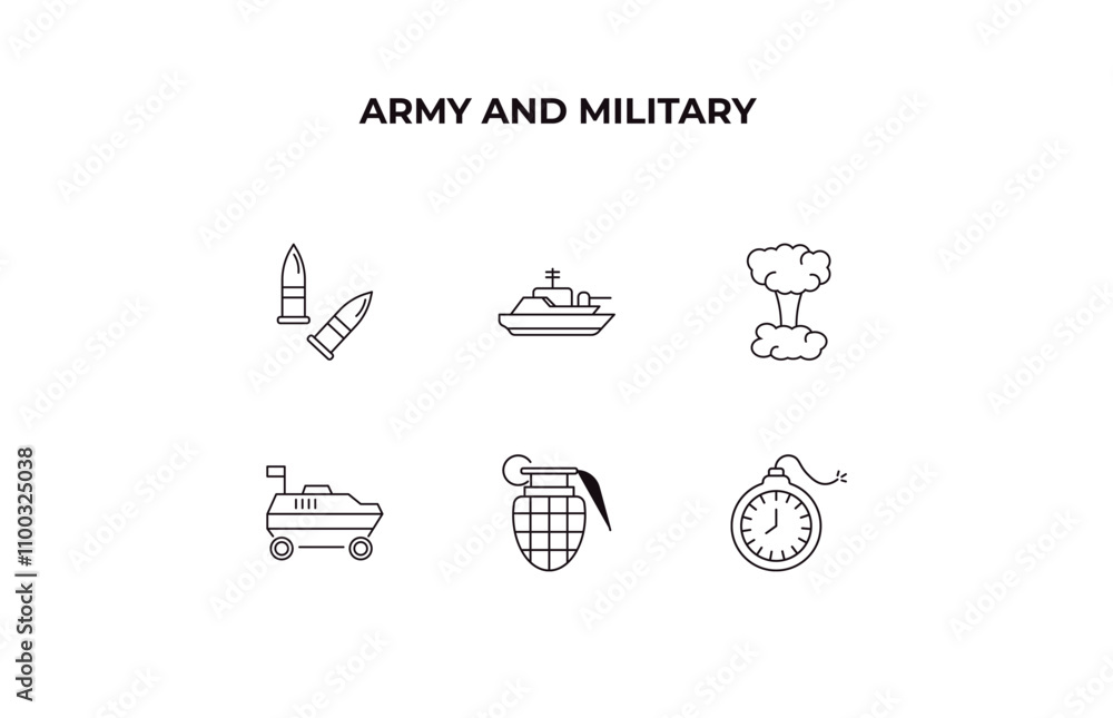 Poster fully editable outline icon collection from army and military concept. thin line icons set such as t