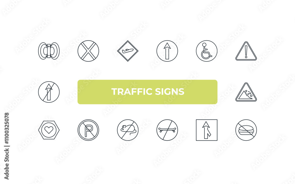 Poster fully editable outline icon collection from traffic signs concept. thin line icons set such as magne