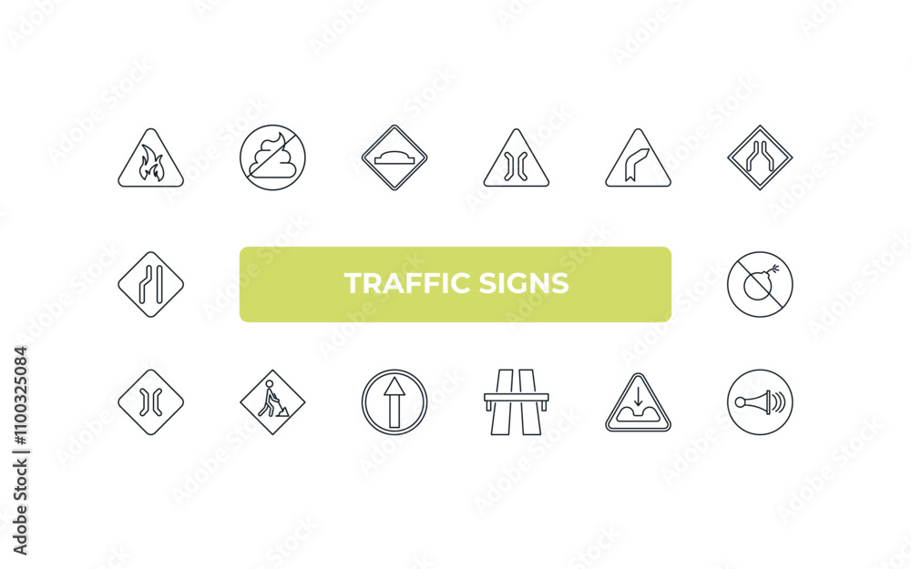 Poster fully editable outline icon collection from traffic signs concept. thin line icons set such as fire,